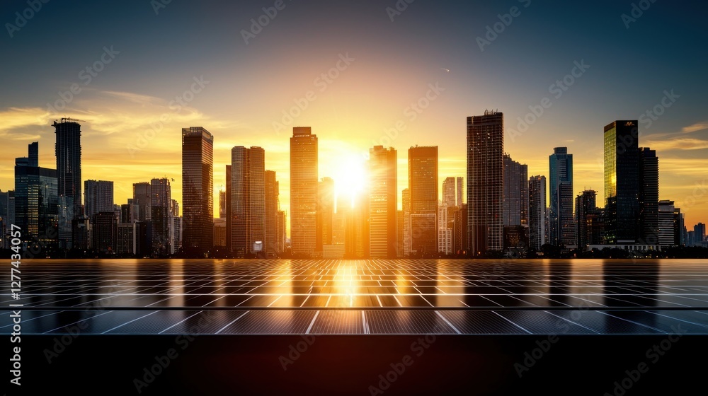 Fototapeta premium Solar Energy Innovation Meets Urban Skyline at Sunset Capturing Sustainable Future and Technological Advancement in Modern City