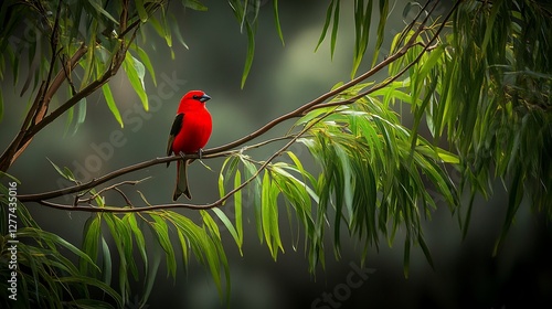 Red Bird Perched on Branch in Lush Green Foliage photo