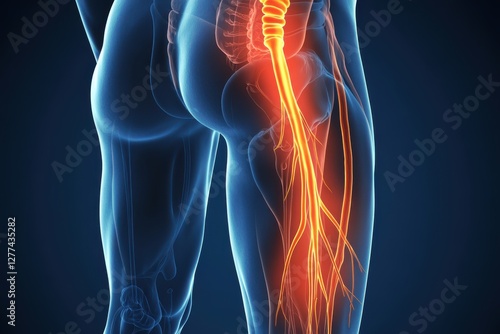 Clean Anatomical Depiction of the Lower Body, with a Glowing Red Line Tracing the Sciatic Nerve from the Lower Back Down the Leg, Representing Sciatic Pain