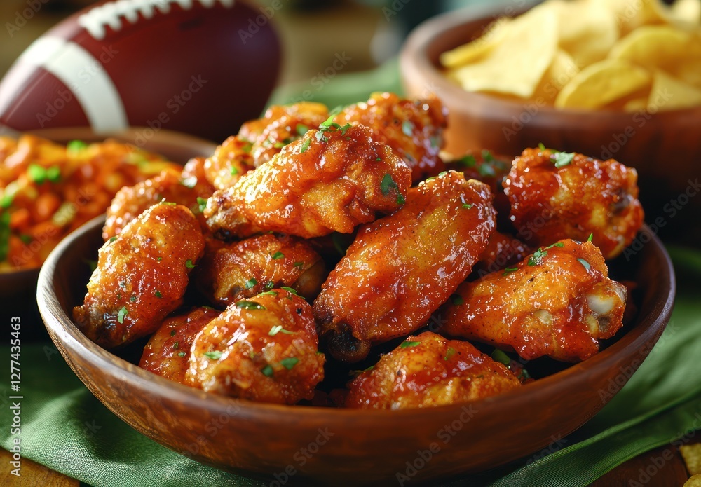 Super Bowl Party Spread: Chicken Wings, Nachos, Potato Chips, and Sauce on Green Tablecloth with Footballs in Background. High-Resolution, High-Quality Image. Super Bowl Party Spread: Chicken Wings, Nachos, Potato Chips, and Sauce on Green Tablecloth with Footballs in Background. High-Resolution, High-Quality Image.