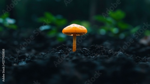 Single orange mushroom in dark soil, nature, close-up, peaceful photo