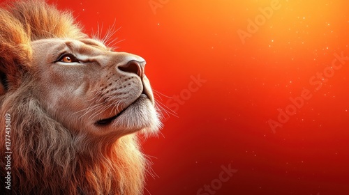 Majestic lion looking up at sunset, orange background.