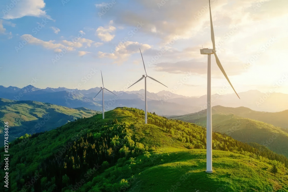 Serene aerial view of wind turbines on a green hilltop at sunset against a mountain range and cloudy sky renewable energy concept Serene aerial view of wind turbines on a green hilltop at sunset against a mountain range and cloudy sky renewable energy concept