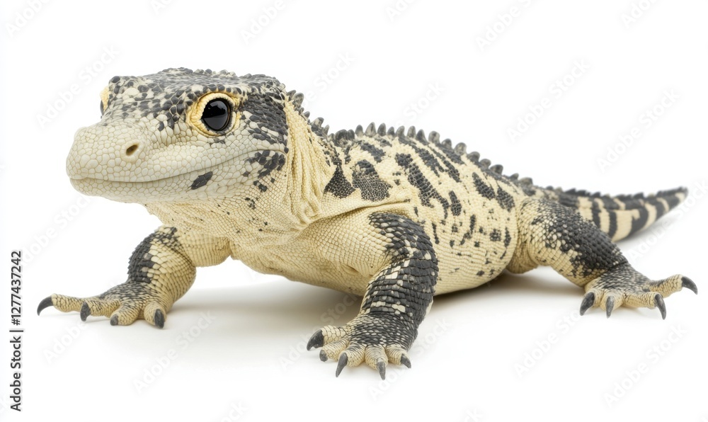 Obraz premium A close-up of a unique lizard with detailed textures and colors, posed on a white background