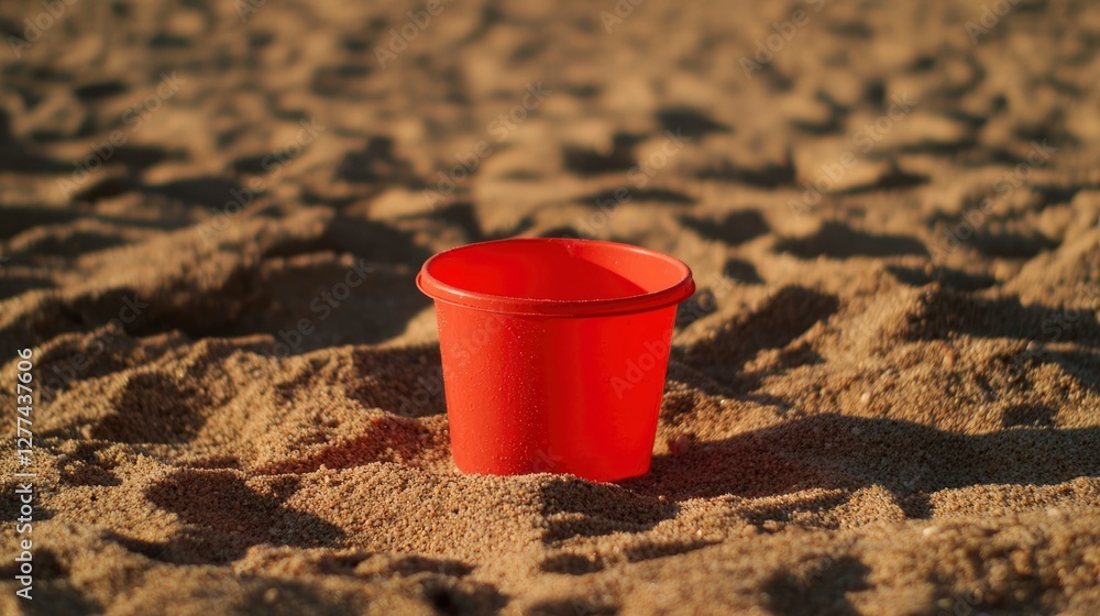 Red plastic bucket on sandy beach Red plastic bucket on sandy beach