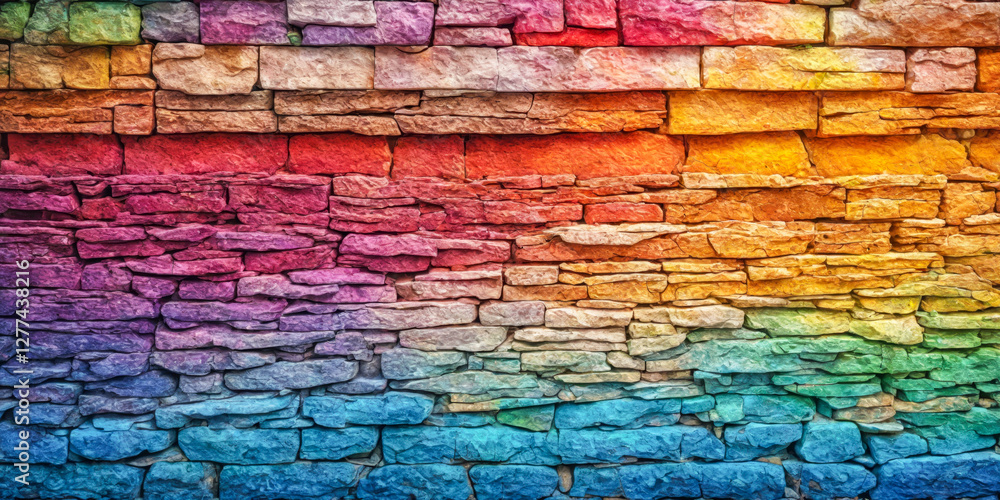 Fototapeta premium Rainbow Stone Wall Texture, Colorful stacked brick wall in abstract pattern.