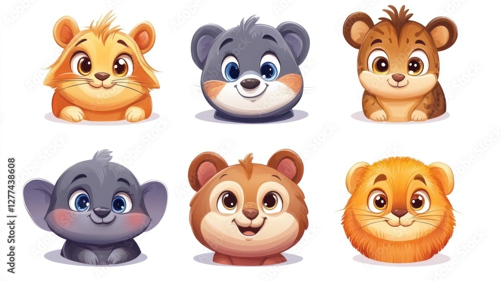 Obraz premium Cute cartoon animal heads, childlike style, various species, playful expressions.