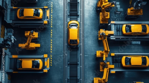 Top view, Car production line with robot arms in a car factory, photo of a modern automotive plant using robotic arms to build cars on the assembly lines,