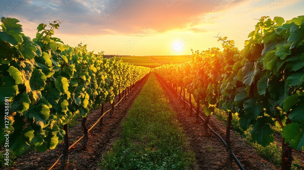 Fototapeta premium Vineyard sunset landscape.