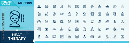 Heat Therapy minimal icon set. Pack of essential oil, massage spa, steam room, equipment, electric kettle, wellness and more. Simple icon designs. Solid line editable vector illustration.