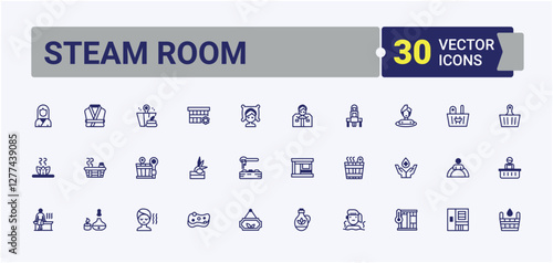 Steam Room icons. Contains linear outline icons like equipment, pool, herbal tea, relax, body, room and more. Minimalistic icons. Minimalist editable vector stroke.