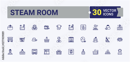 Steam Room icons. Contains linear outline icons like equipment, pool, herbal tea, relax, body, room and more. Minimalistic icons. Minimalist editable vector stroke.