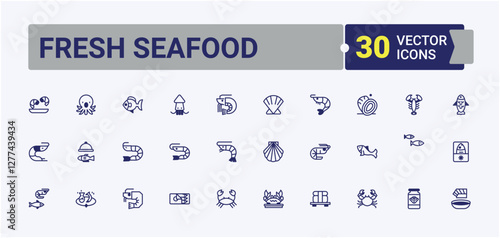 Set of Fresh Seafood line icons. Featuring sardine can, fish bones, bone, kitchen, fillet, fish steak and more. Minimal icon. Vector line and solid icons.