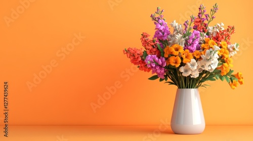Colorful snapdragon bouquet in white vase against orange background.