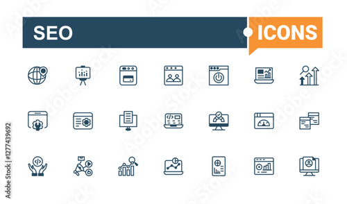 SEO set of modern icons. Featuring strategy, internet, commerce, search, digital, management, start and more. Line symbol. Editable stroke icon collections.