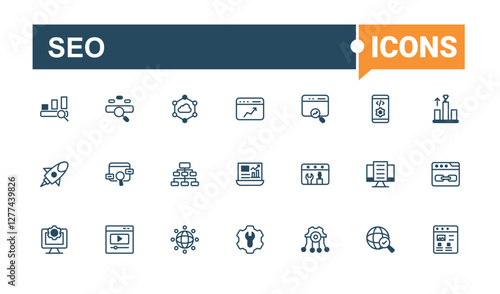 SEO set of modern icons. Featuring strategy, internet, commerce, search, digital, management, start and more. Line symbol. Editable stroke icon collections.