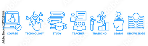 Online education icon set illustration concept with icon of course, technology, study, teacher, training, learn and knowledge 