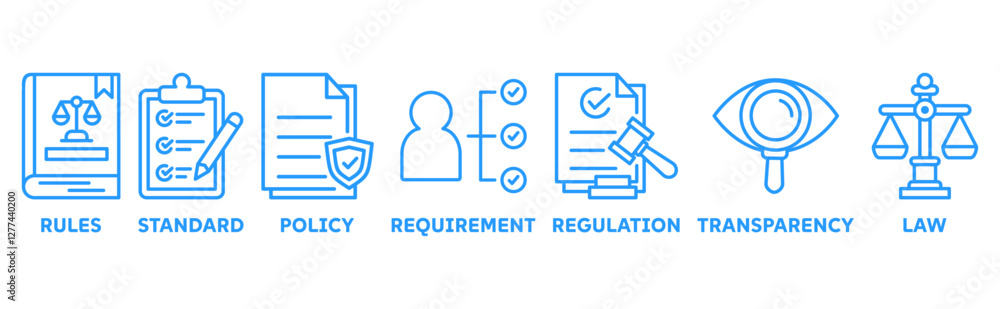 Compliance icons set with icon of rules, standards, policies, requirements, regulation, transparency, and law Compliance icons set with icon of rules, standards, policies, requirements, regulation, transparency, and law