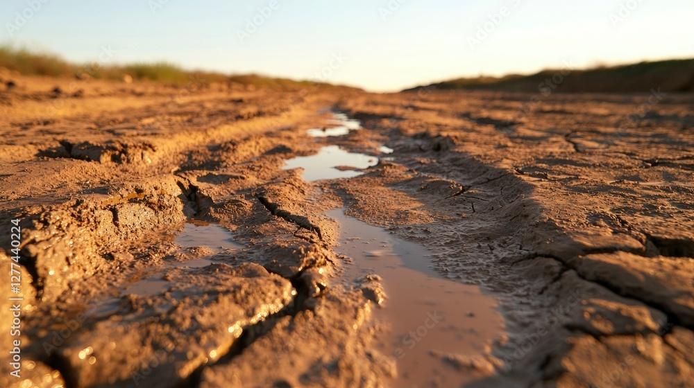 Fototapeta premium Dirt road puddle sunset