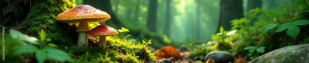 Obraz premium Dappled forest floor with large mushrooms growing among ferns and moss, dense foliage, nature, greenery
