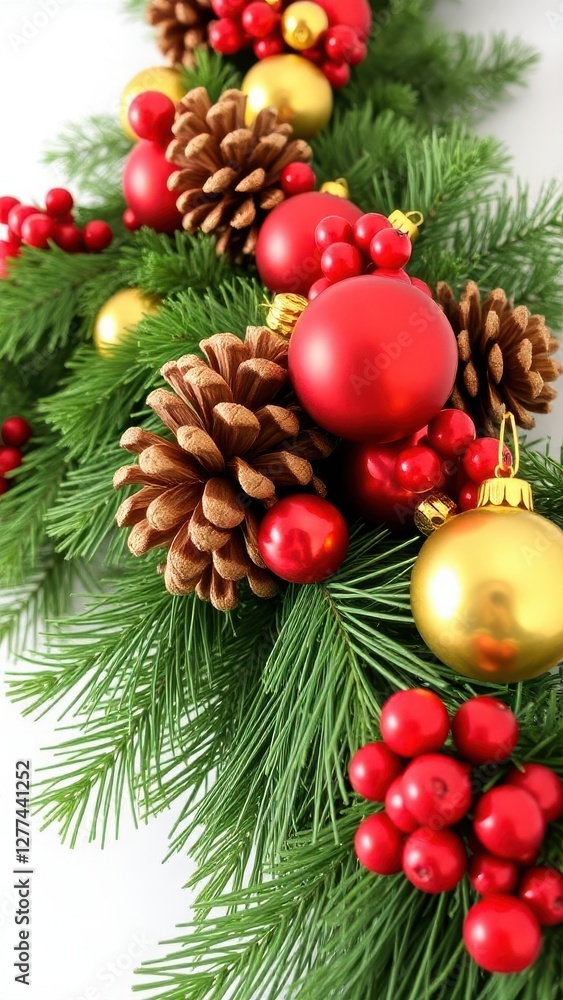 a Christmas garland featuring pinecones, red and gold ornaments, and red berries, with green pine branches as the base a Christmas garland featuring pinecones, red and gold ornaments, and red berries, with green pine branches as the base