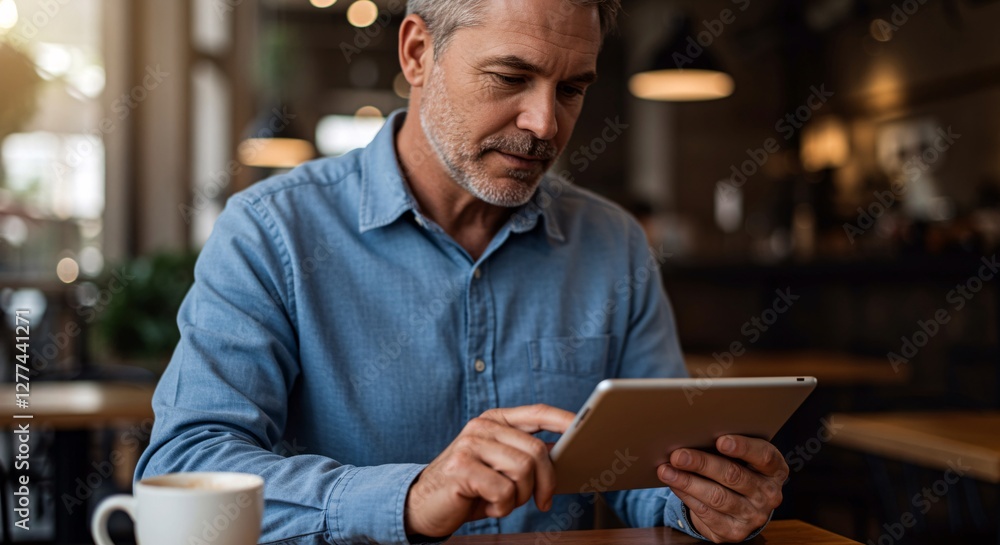 Focused man uses tablet in a cozy cafe, enjoying a moment of digital connection. Serene atmosphere. Focused man uses tablet in a cozy cafe, enjoying a moment of digital connection. Serene atmosphere.
