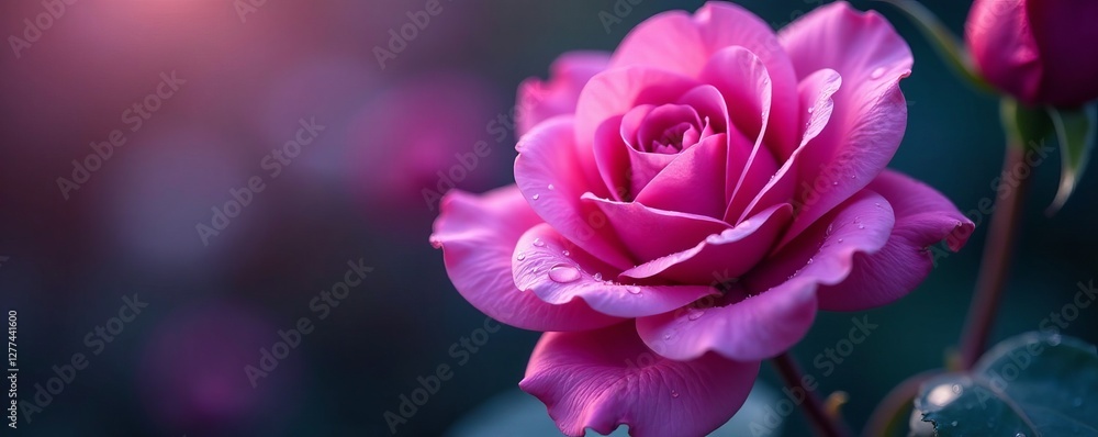 Soft focus image of dew drops on purple rose petals with water droplets, texture, romantic Soft focus image of dew drops on purple rose petals with water droplets, texture, romantic
