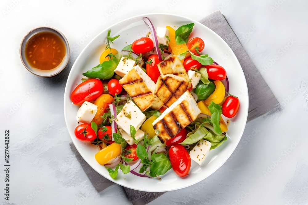 Salad with tomatoes and feta cheese. Greek salad with feta cheese and olives Salad with tomatoes and feta cheese. Greek salad with feta cheese and olives
