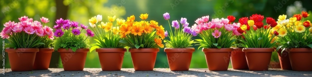 Abundant spring flowers in terracotta pots, sunny garden setting , flowers, blossom