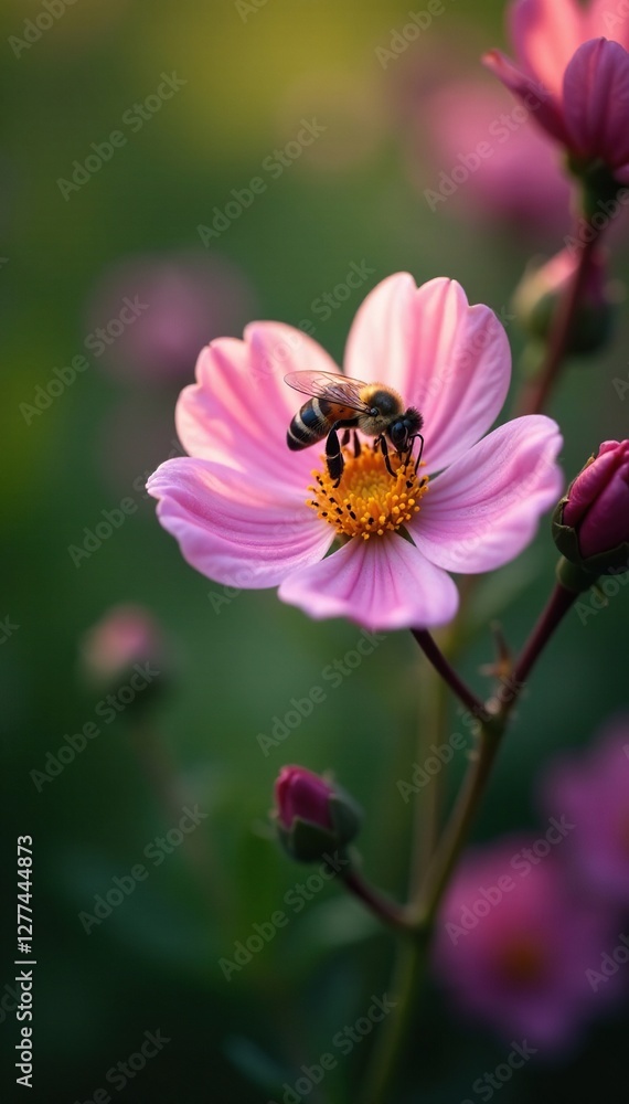 Bee visits a delicate flower to collect nectar and pollen, nature, petals, flowers Bee visits a delicate flower to collect nectar and pollen, nature, petals, flowers