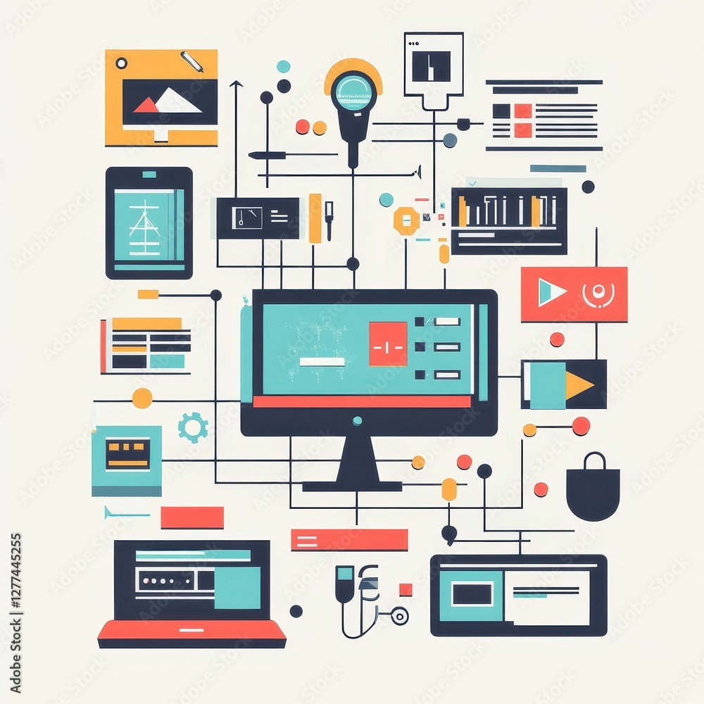 A vibrant illustration of digital devices interconnected with lines, showcasing technology, data representation, and multimedia elements. A vibrant illustration of digital devices interconnected with lines, showcasing technology, data representation, and multimedia elements.