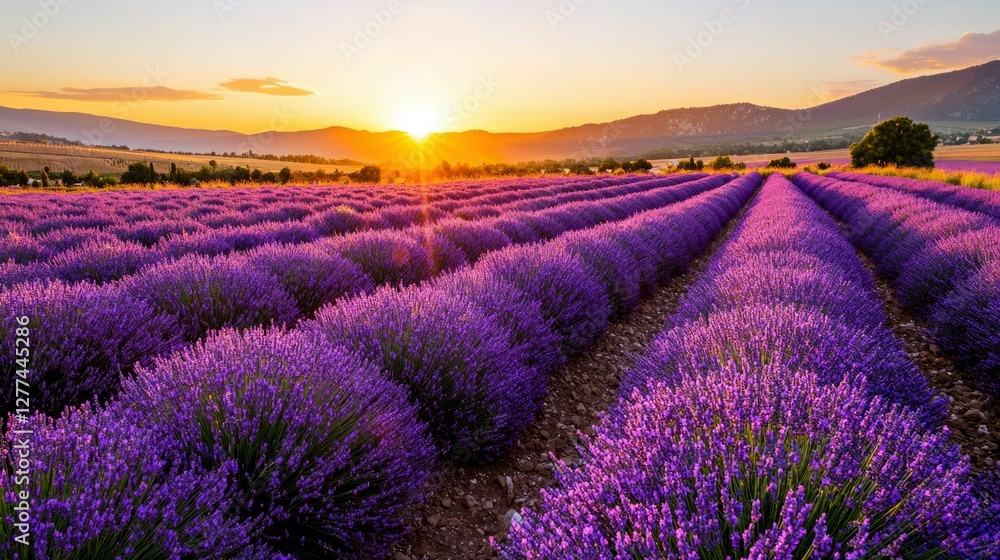 Obraz premium Lavender field at sunrise, rows of purple flowers, tranquil countryside