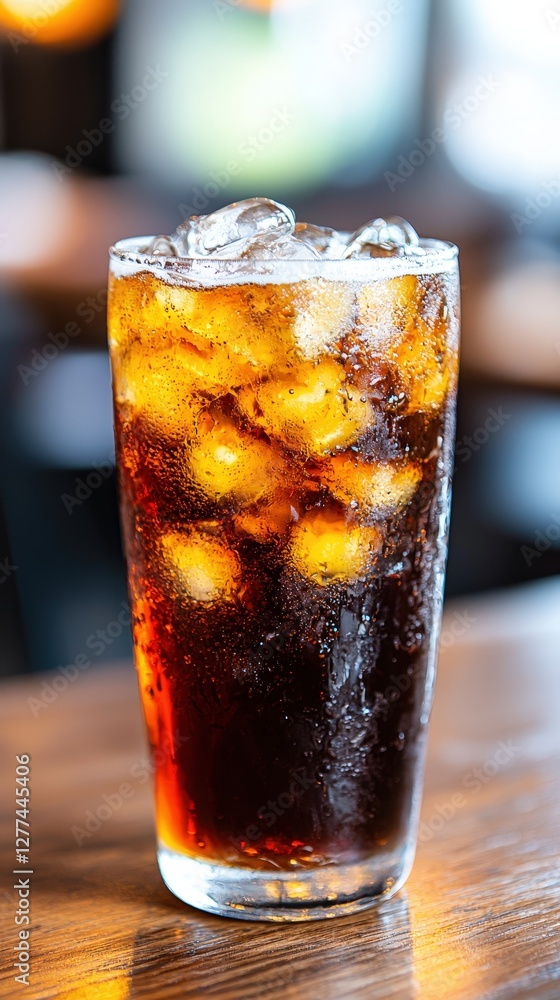 Classic glass of refreshing dark soda with ice cubes set against a bright background for beverage photography Classic glass of refreshing dark soda with ice cubes set against a bright background for beverage photography