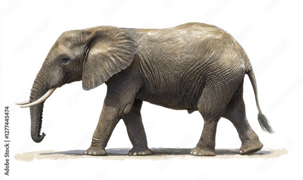 Fototapeta premium A majestic elephant walking gracefully across a sandy landscape with a clear blue sky in the background