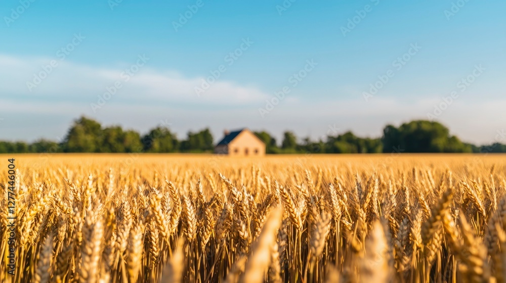Obraz premium Golden Wheat Field with Small House