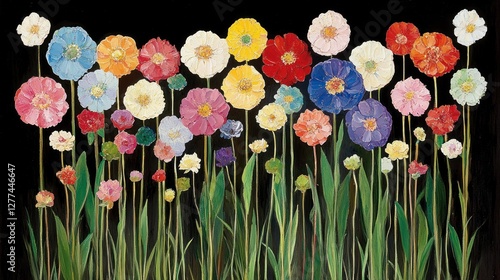 Vibrant colorful flowers on black background,  painting of a garden.