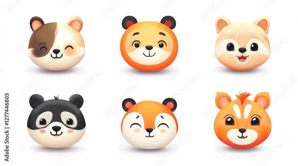 Cute cartoon animal heads, various species, cheerful expressions, round design, playful, digitally rendered, colorful, flat style, graphic illustration, whimsical, adorable. Cute cartoon animal heads, various species, cheerful expressions, round design, playful, digitally rendered, colorful, flat style, graphic illustration, whimsical, adorable.