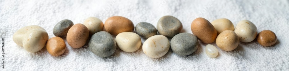 Fototapeta premium Smooth stones scattered on white towel with a single stick, earthy tone, sticks