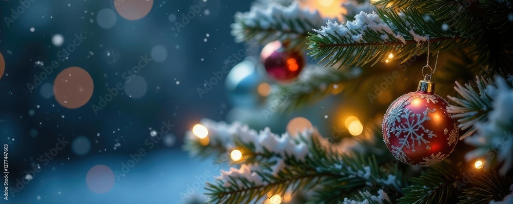 Snowflakes falling gently on a decorated Christmas tree with twinkle lights, icy crystals, holiday decorations Snowflakes falling gently on a decorated Christmas tree with twinkle lights, icy crystals, holiday decorations