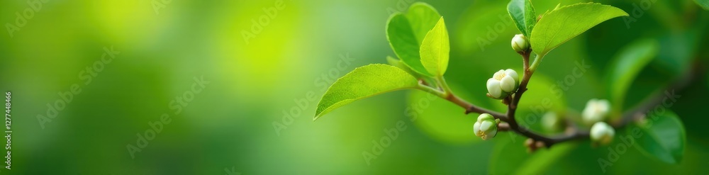 Fototapeta premium Tiny white buds peeking from tree's lush canopy, twig, leaves, bud