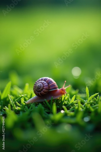 Tiny snail leaves silvery trail on dewy grass, trail, sparkly photo