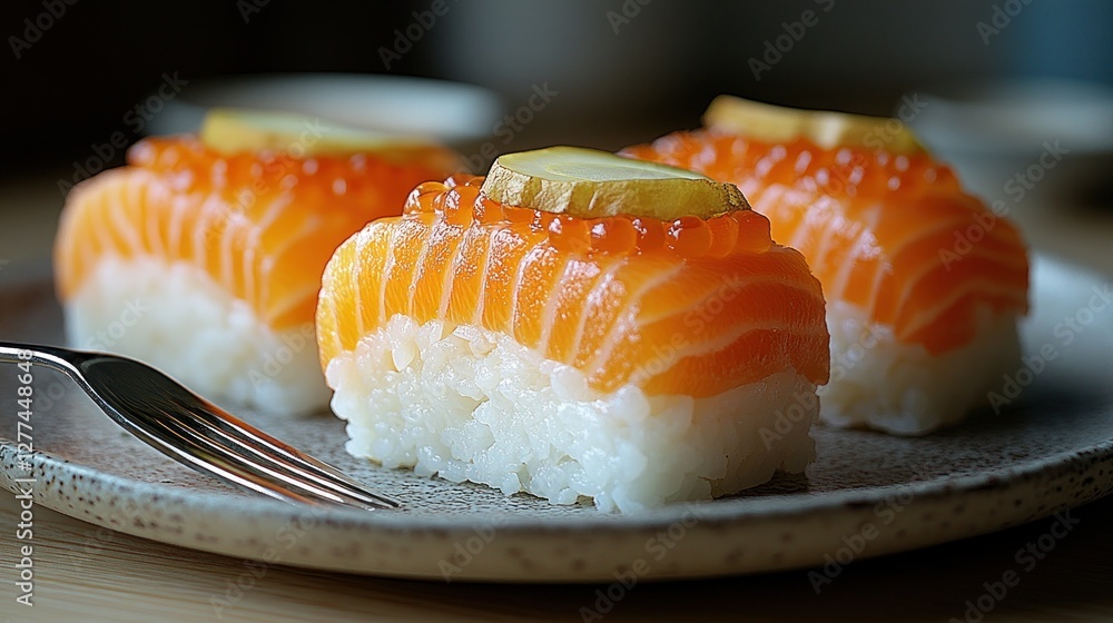 Three pieces of salmon sushi topped with salmon roe and pickled ginger on a plate. Three pieces of salmon sushi topped with salmon roe and pickled ginger on a plate.