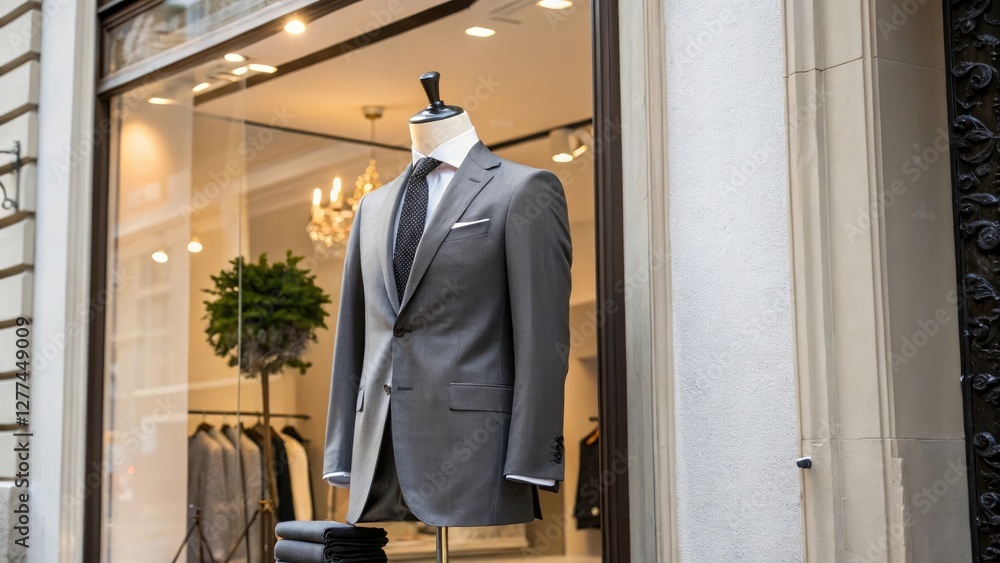Elegant gray suit displayed in a boutique window Elegant gray suit displayed in a boutique window