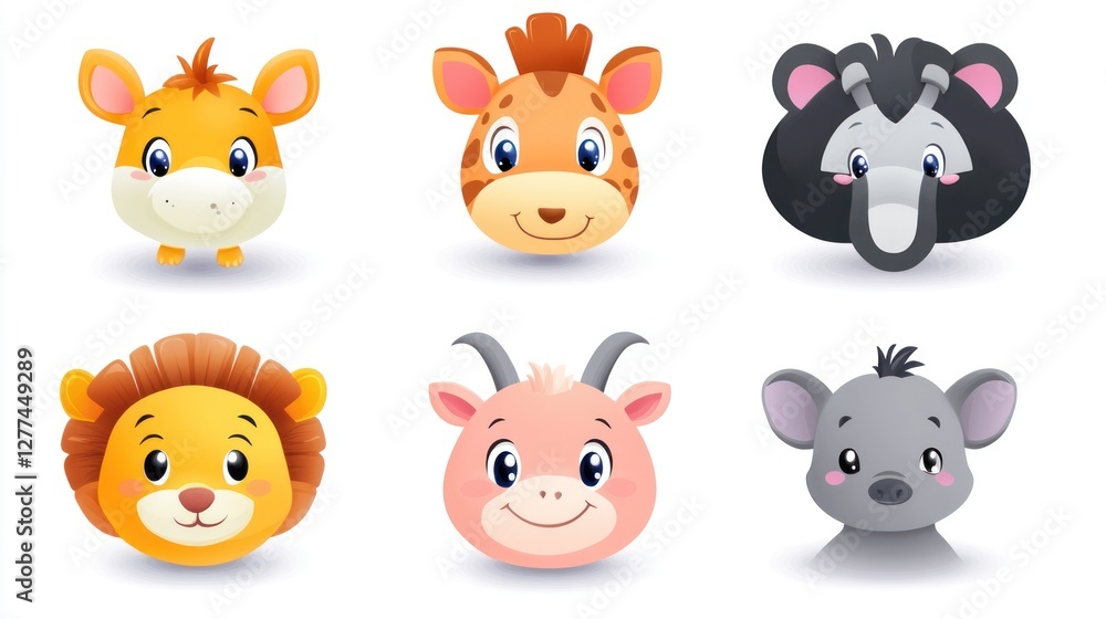 Fototapeta premium Cute cartoon animal heads, various species, playful expressions, childish design, digital illustration.