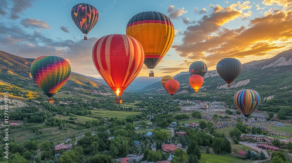 Fototapeta premium Colorful hot air balloons soar over a scenic valley at sunrise.