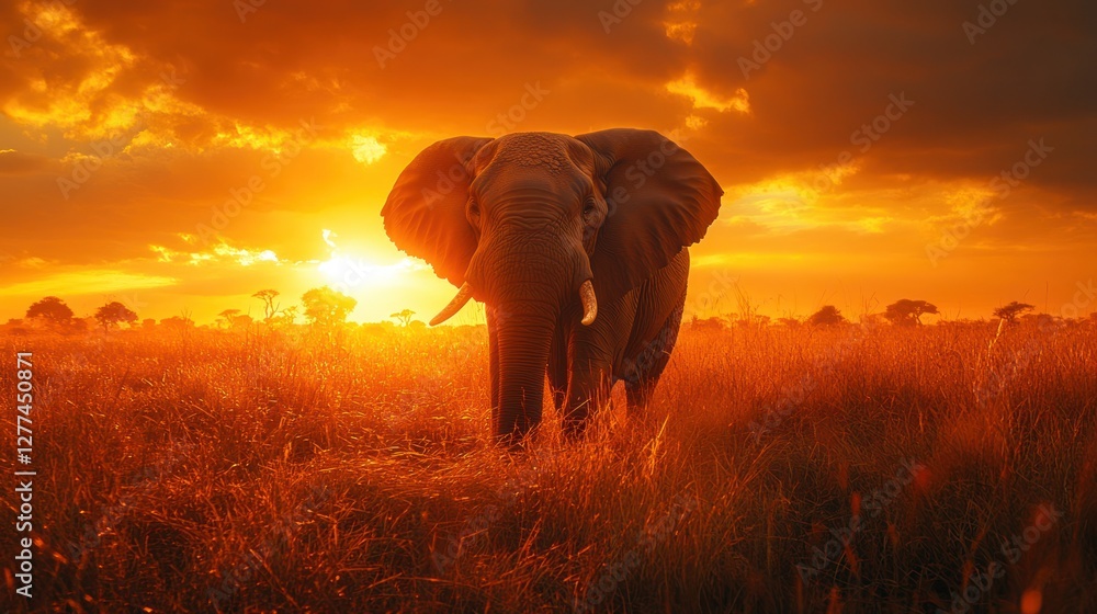 Naklejka premium Majestic elephant silhouetted against a vibrant sunset in the African savanna.