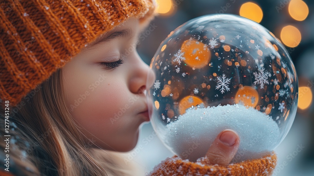 Naklejka premium Girl kisses snow globe with snowflakes and lights.