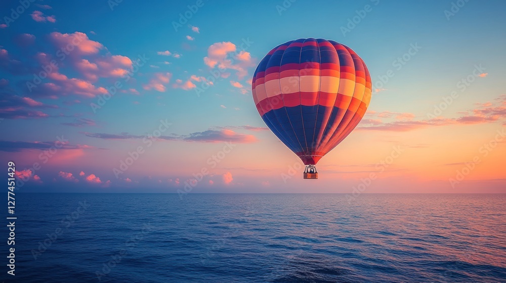 Fototapeta premium Colorful hot air balloon floats over calm ocean at sunset.