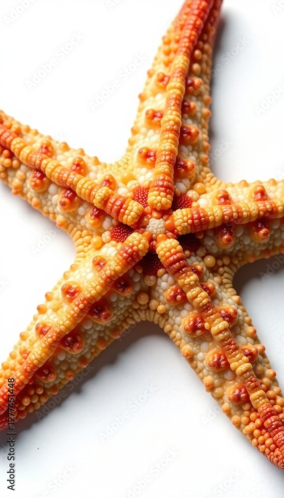 Intricate detail of a starfish, showing texture & color variations, against a stark white backdrop , background, nature, texture Intricate detail of a starfish, showing texture & color variations, against a stark white backdrop , background, nature, texture