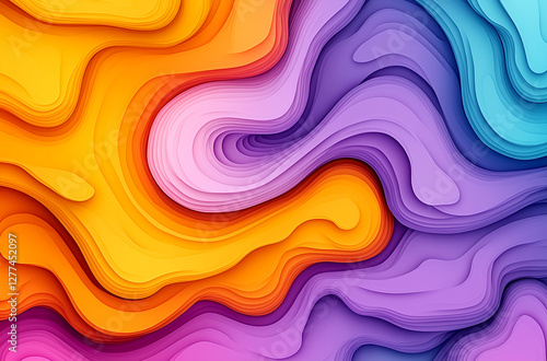 Colorful abstract background with wavy shapes and gradients, featuring a purple, orange, yellow, and blue gradient in a paper-cut style.